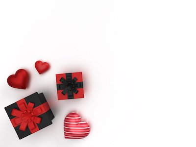3D Gifts and hearts on white background