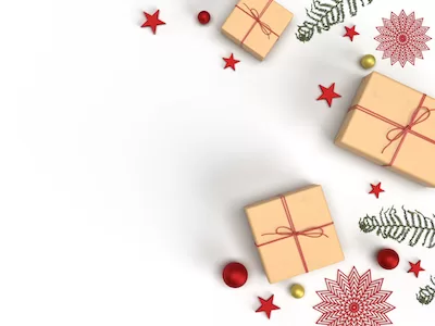 Gifts and red stars on white background