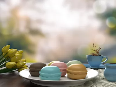 3D Macaroons with tea background