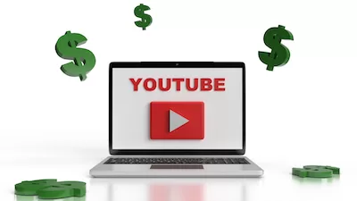 3D Youtube on laptop with dollar signs
