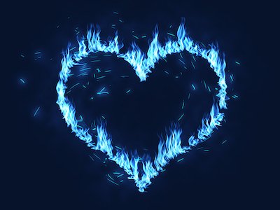 Blue heart on fire flames background