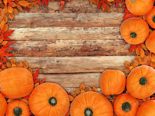 Pumpkins with leaves on wooden background