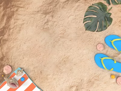 3D Beach towel, blue flip flop, leaves and some beach shells on sand beach top view background.