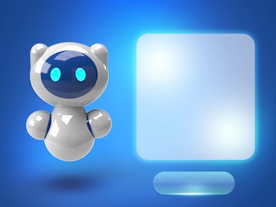 3d cute robot with banner and button on blue background.