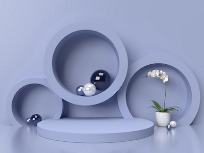 3D Blue podium and white orchid flower on blue background