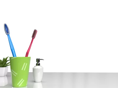 Toothbrushes with plant and soap dispenser background.