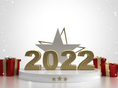 2022 text with gifts and stars on white background