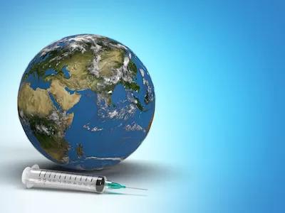 3D Earth with syringe needle beside it on blue background.