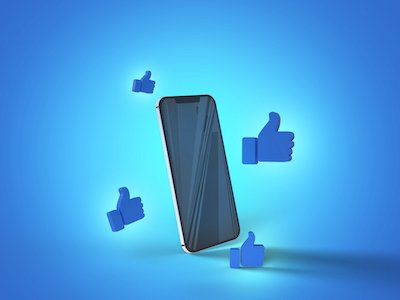3D iphone surrounded with 4 blue thumbs up likes on blue background.