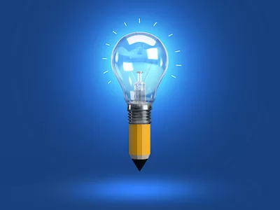 3D Light bulb with orange pencil on a blue glowing background.
