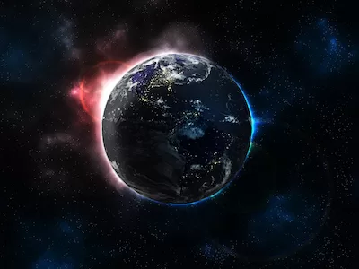 3D Earth at night with stars, in the space on black background.