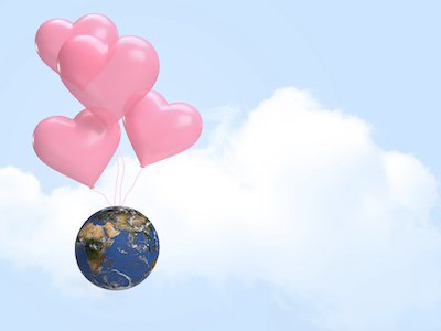 3D Earth with pink heart balloons