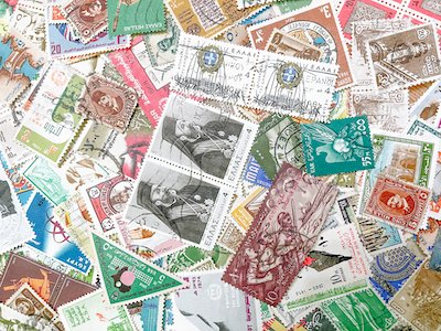 Old stamps top view stock photo