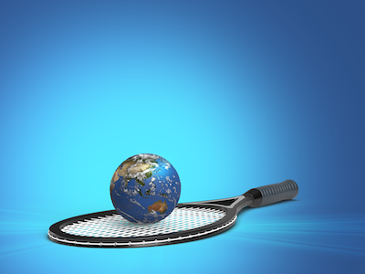 Earth on a tennis racket on blue background.