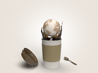 Earth dropped in a cup of coffee on beige background.