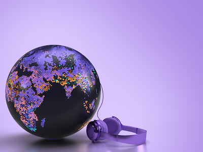 Earth with headphone on a purple background.