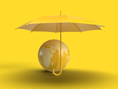 Earth with open umbrella on yellow background.
