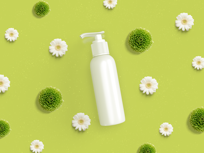 3D Pump bottle with flowers on green background.