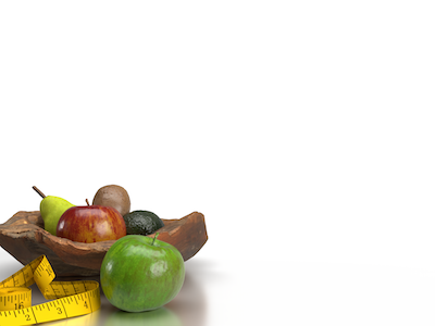 3D Fruits in wooden bowl with measuring tape and green apple on white background