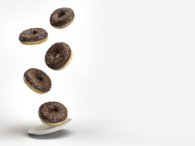 3D chocolate donuts with white plate on white background.