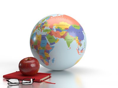 3D earth globe with red apple on white background.