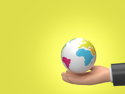 3D earth globe with opened hand on green background.