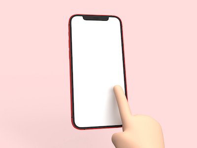 3D hand touching iphone on pink background.