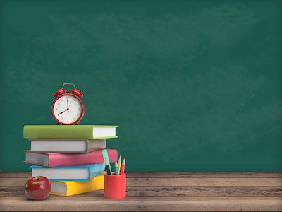 3D Alarm clock with books and apple on wooden background