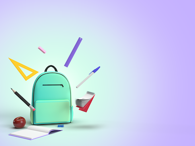 3D backpack and school supplies on purple background.