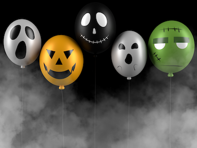 3D Halloween balloons with smoke on black background.