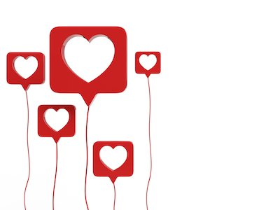 3D social love icons flying with strings on white background.