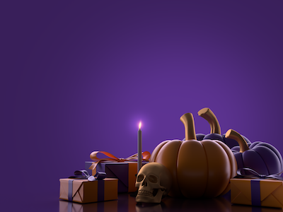 3D pumpkins with gifts, and skull on purple background.