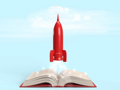 3D spaceship rocket with open book on blue sky background.