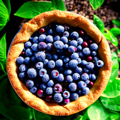 Blueberry pie with leaves top view stock image.
