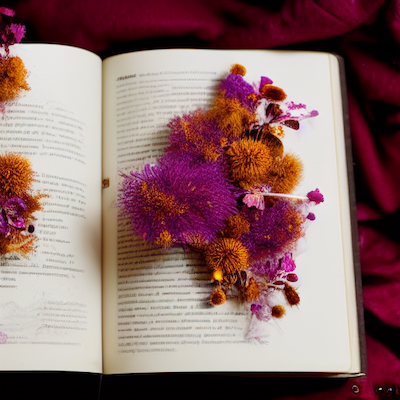 Dried flowers on opened book stock image.