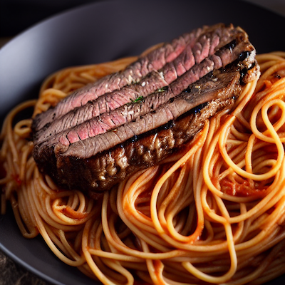 Grilled steak with spaghetti stock image.