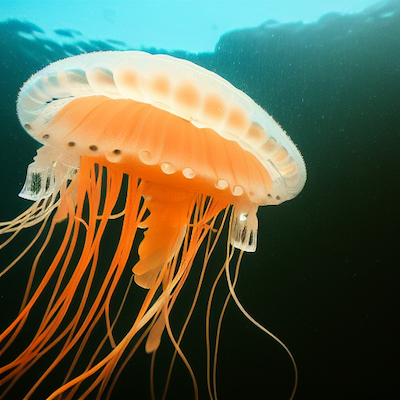 Orange jellyfish closeup in ocean stock image.