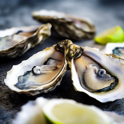 Opened oysters with lemon stock image.