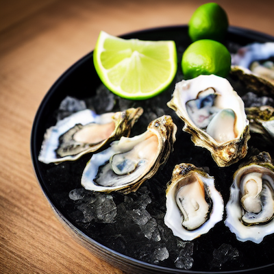Opened oysters with limes and ice stock image.