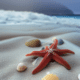 Orange starfish on sand beach - Orange starfish with seashells stock image.
