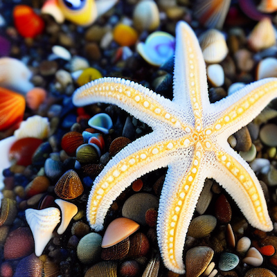 Yellow starfish with seashells stock image.