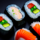 Sushi rolls top view - Sushi roll pieces top view stock image.