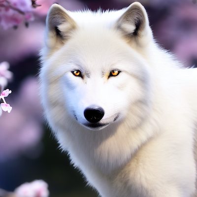 Arctic white wolf front view stock photo.