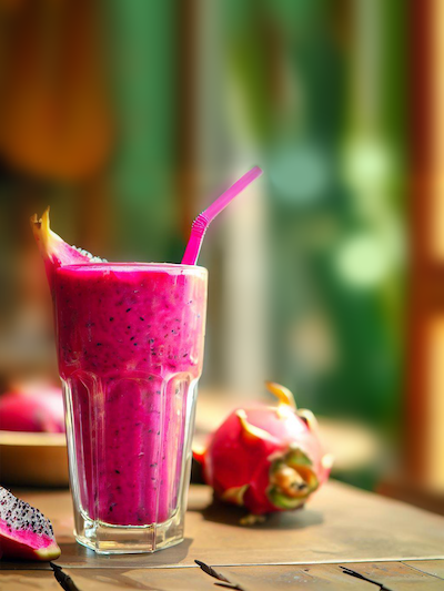Red dragon fruit smoothie in a glass cup on a wooden table stock image