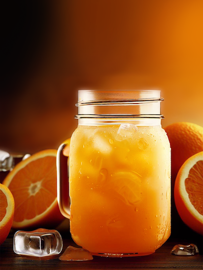 Orange juice in Mason jar mug with ice and oranges stock image