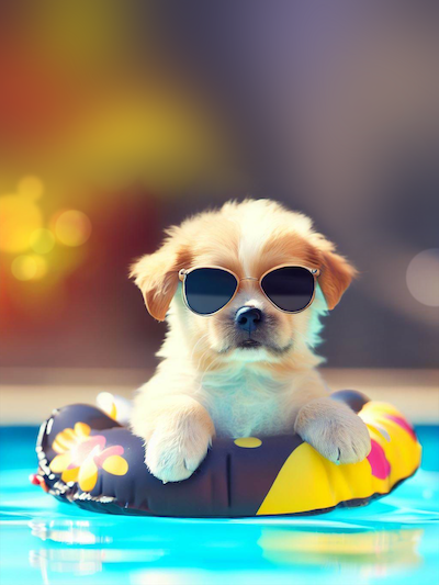 Puppy wearing sunglasses looking at the camera and sitting inside an inflatable swimming circle in a pool stock image