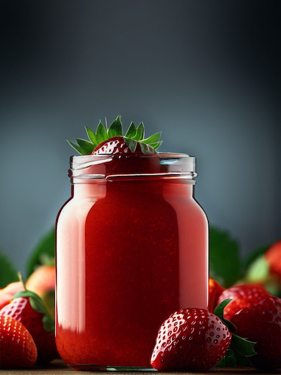 Strawberry smoothie in a glass cup with a strawberry on top and strawberries on a wooden table stock image