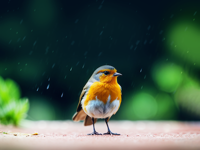A robin standing in little rain droplets on green blurry plants background stock image