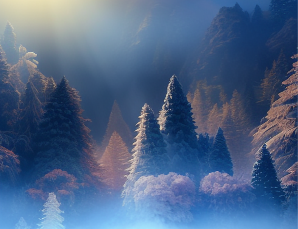 Trees with mountains and fog