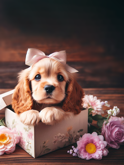 English cocker spaniel puppy wearing pink bow and sitting in a gift box with flowers on a wooden background stock image